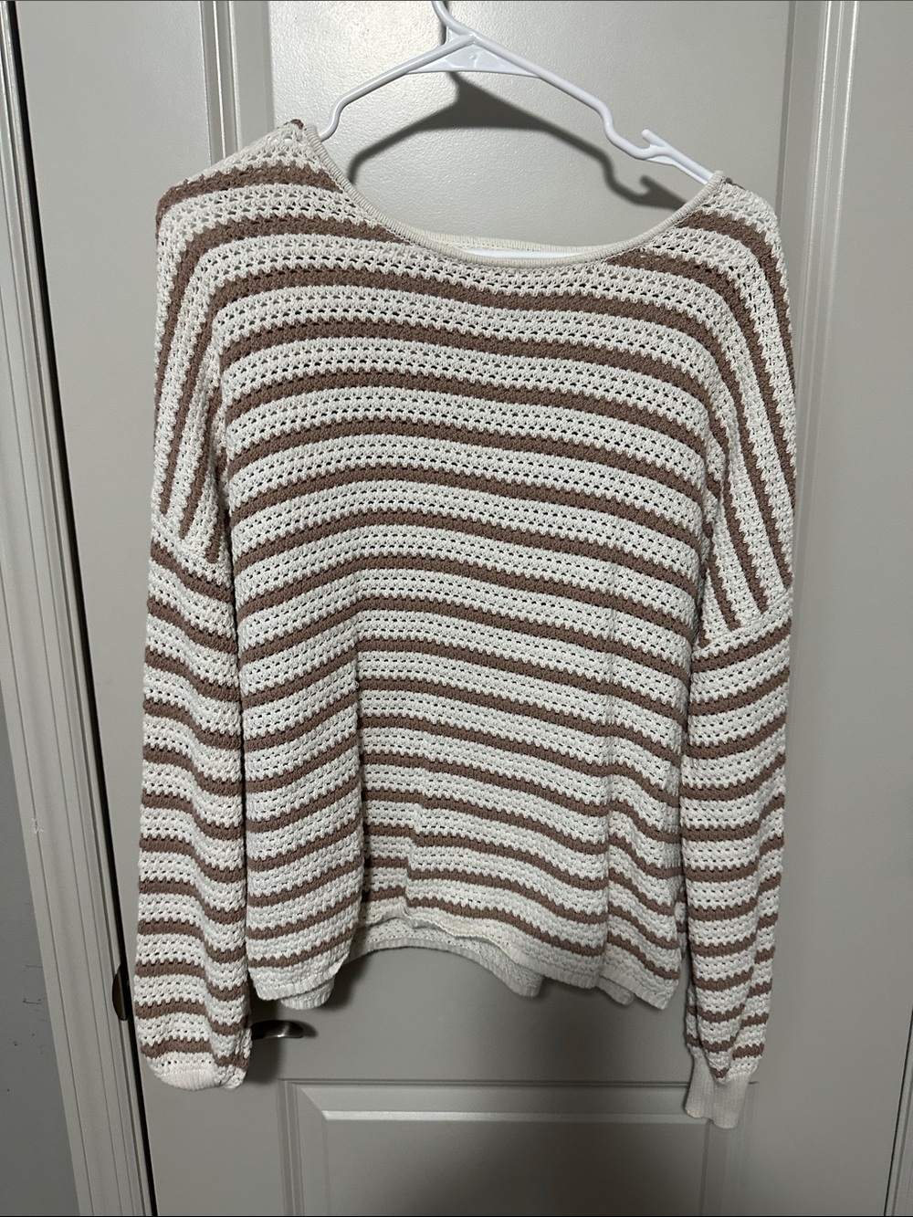 Blu Pepper Cream and Brown Striped Open-Knit Scoop Neck Sweater